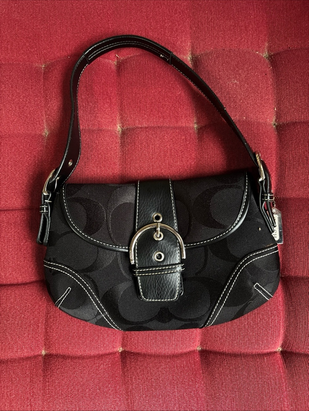 Vintage Coach Soho Black Signature Jacquard Buckle Flap Shoulder Bag Y2K